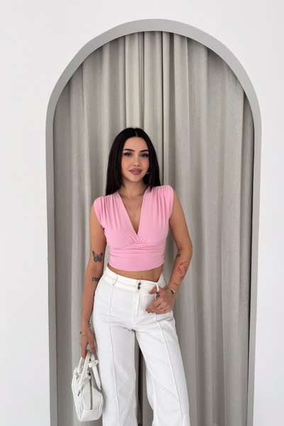 MİROR Women's Sleeveless Deep Neck Gathered Crop Blouse