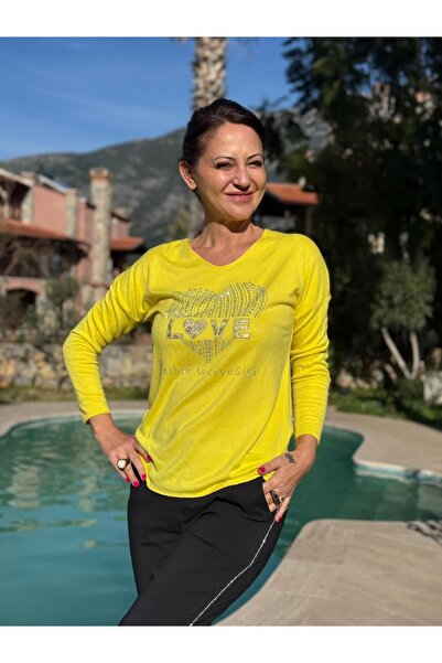 Punta Otantik Yg27040 Love Written Stoned Italian Knitwear Blouse Yellow