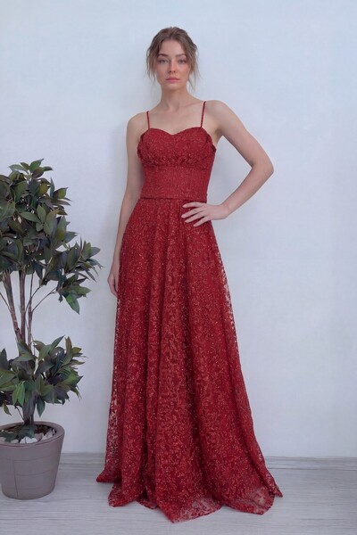 zks grup tekstil Women's Strappy Transparent Glittery Lace Evening Dress Red,...