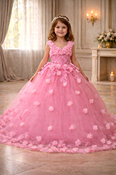 FERA Prenses kabarık tüllü Çiçekli çocuk elbise abiye