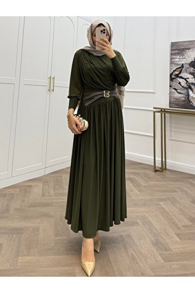 bezenstore KENDİNDEN KEMERLİ SANDY ELBİSE