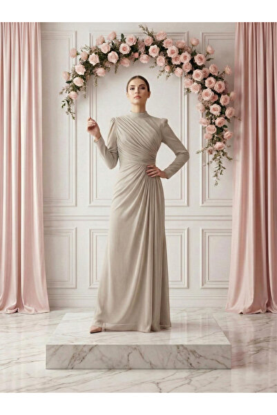 hakimoda Selvin sparkle chiffon evening dress stone color