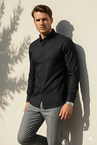 Louis Fabel Black Background Colorful Striped Long Sleeve Men's Shirt