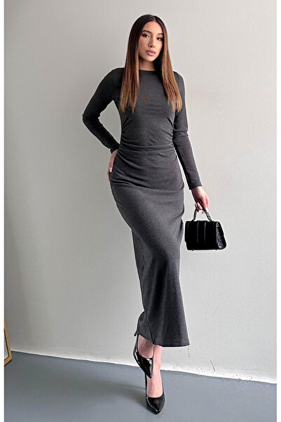 My Blog Anthracite Gathered Long Dress - 261004