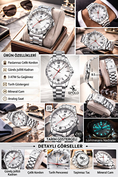 SPOLO Erkek Kol Saati – Çelik Kordon, 3 ATM Su Geçirmez, İnce & Şık Tasarım