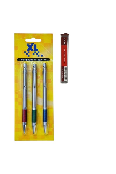 XL Set of 3 mechanical pencils with eraser, XL, metal body with 05 HB leads