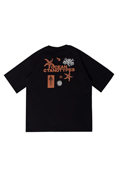 Bak Moda Tricou negru supradimensionat pentru femei, cu imprimeu Ocean Cyanot...