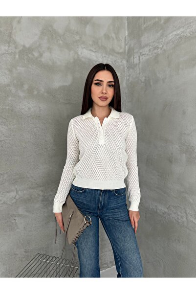 LA POMME Polo Collar Perforated Half Placket Buttoned Knitwear Blouse Lp66016
