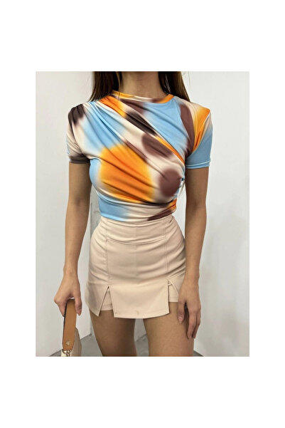 Melek Moda بلوزة سيندي بطبعة مطوية على الكتف والخصر - لون المشمش