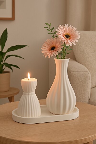 BYRM Oval Tepsili Dekoratif Set – Vazo & Mumluk(ÇİÇEK DAHİL DEĞİLDİR)