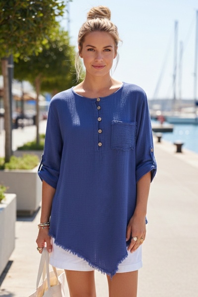 Chiccy Σαξ Μπλε Μπλούζα με Στρογγυλή Λαιμόκοψη και Κουμπιά, Μανίκι 3/4, Μονή ...