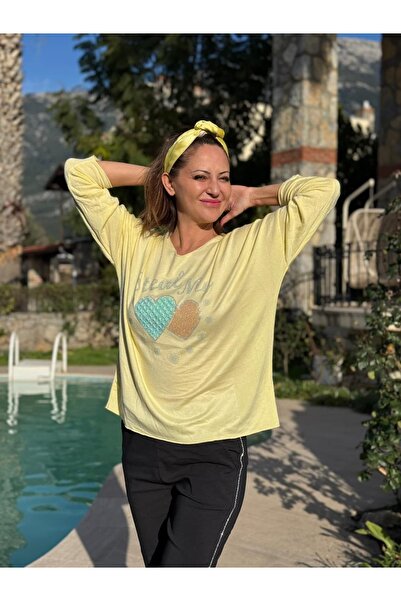 Punta Otantik Yg27060 Double Heart Printed Italian Knitwear Blouse Yellow