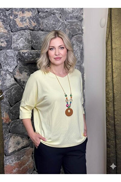 Punta Otantik Yg80581 Italian V-Neck Collared Basic Knitwear Blouse Yellow