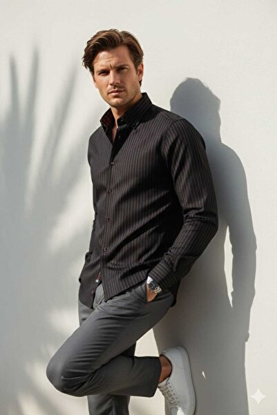 Louis Fabel Black Background Colorful Striped Long Sleeve Men's Shirt