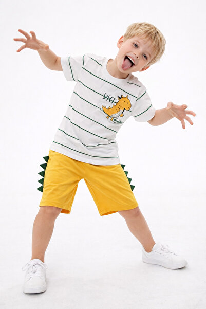 CiciTime Çocuk Modası طقم تي شيرت وشورت مخطط مطبوع عليه ديناصور للأولاد، مجمو...