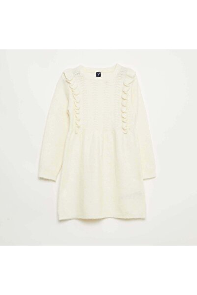 KIABI Knit Dress with Openwork Knit and Ruffles WHITE
