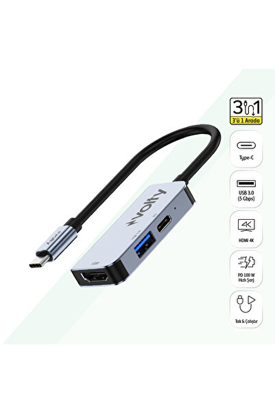 Volty Type-C Çoğaltıcı Hub 3 in 1 | 4K HDMI, 100W PD Hızlı Şarj, USB 3.0, Alü...