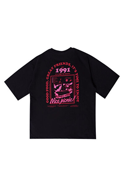 Bak Moda Μαύρο γυναικείο μπλουζάκι με στάμπα Nice Picnic σε μεγάλο μέγεθος