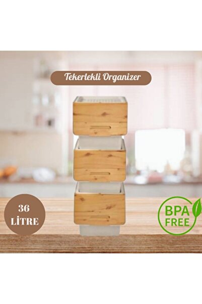 FeyzaDesign Tekerlekli Çok Amaçlı Organizatör Sepet Seti, Bambu ve Krürün