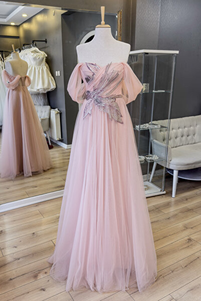 Lenta Moda Pudra Tül Drape Üzeri Dantel Detaylı Maxi Boy Abiye ve Gece Elbisesi