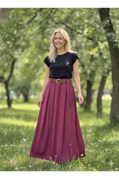 Punta Otantik Nc3254 Pleated Belted Italian Tencel Skirt Plum