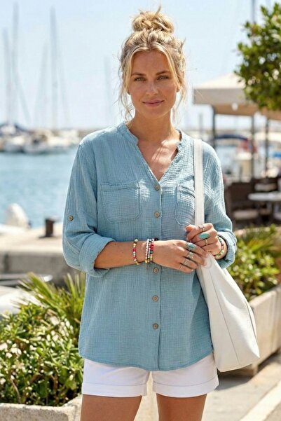 Chiccy Blue Hakim Collar Buttoned 3/4 Sleeve Double Pockets Scalloped Back Ca...