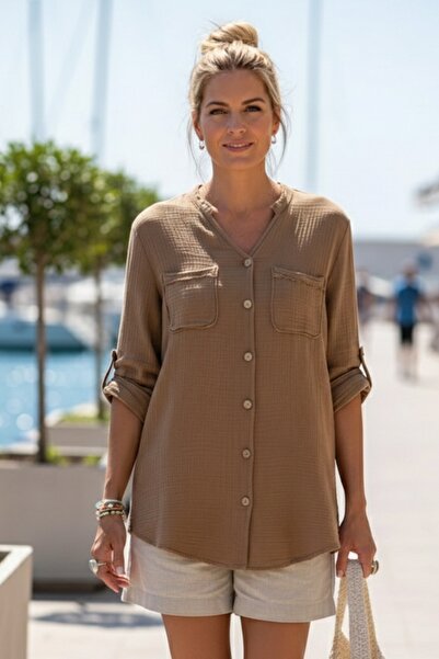 Chiccy Cămașă casual din muselină țesută, maro deschis, cu guler Hakim, cu na...