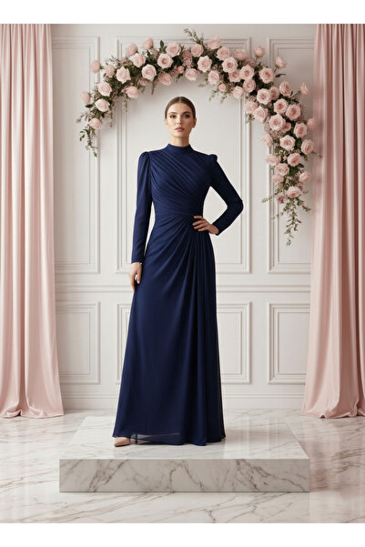 hakimoda Selvin sparkling chiffon evening dress navy blue