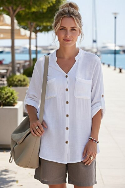 Chiccy Cămașă albă cu guler în V, cu nasturi, mâneci 3/4, buzunare duble, cu ...