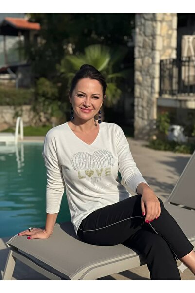 Punta Otantik Yg27040 Love Written Stoned Italian Knitwear Blouse Ecru