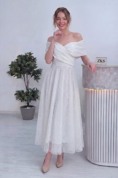 zks grup tekstil Women's Off-Shoulder Sequined Midi Length Evening Dress Saks...