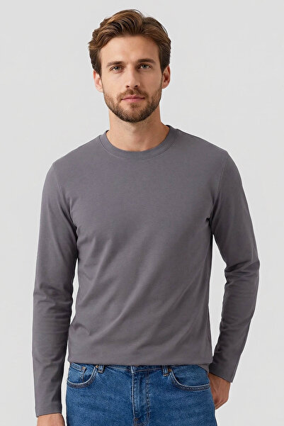 TOMMY LIFE Σκούρο γκρι Standard Fit Basic O-Neck Μακρυμάνικο Λεπτό Ανδρικό T-...