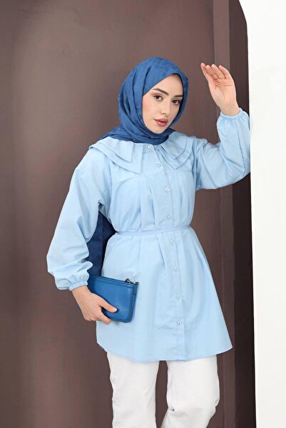 HİFADEN Women's Baby Collar Waist-Tied Buttoned Hijab Shirt