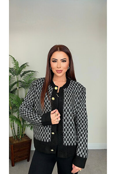 DİDEM GÜLTAKTI Meka Women's Gold Buttoned Black Gray Patterned Cardigan