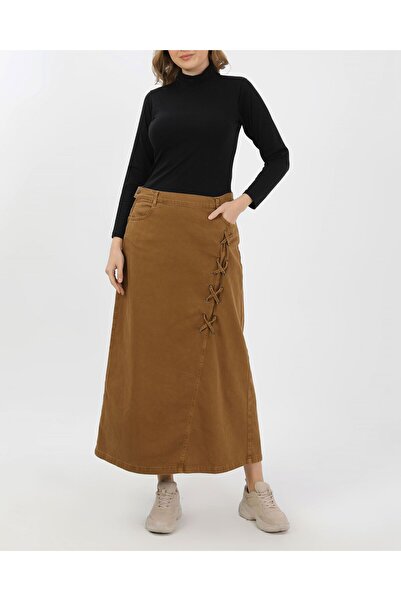 VELLICHOR Denim Skirt with Lace Detail - Camel