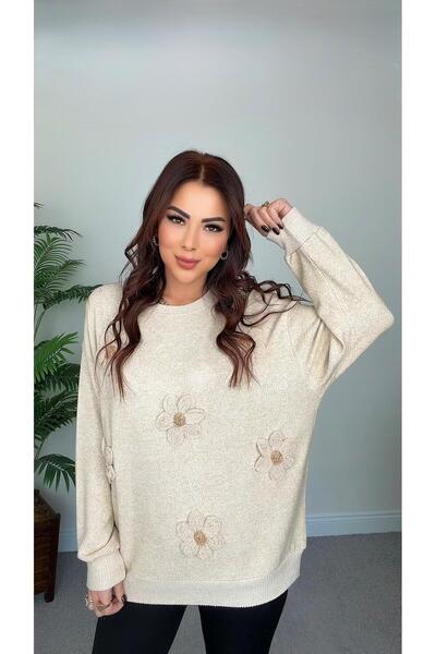 DİDEM GÜLTAKTI Cise Women's Soft Textured Floral Design Beige Blouse