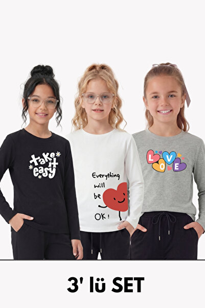 panios kids Pachet de 3 tricouri pentru fete cu mânecă lungă, cu guler rotund...