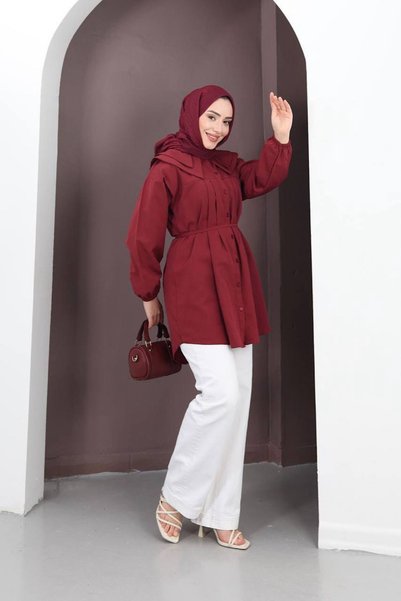 HİFADEN Women's Baby Collar Waist-Tied Buttoned Hijab Shirt
