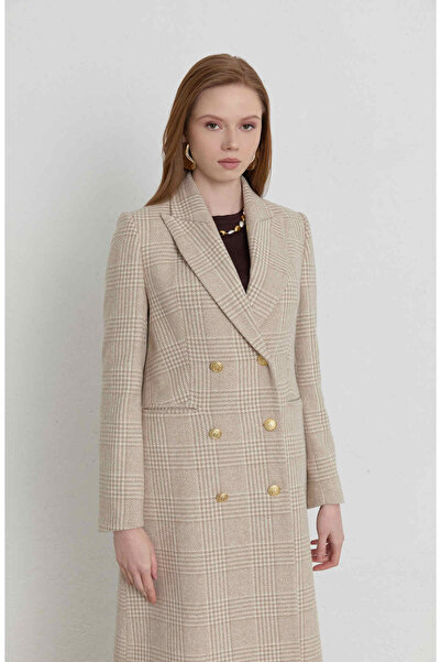 Fatma Atasoy Ekose Kazayağı Taş Blazer Maksi Ceket Kaban