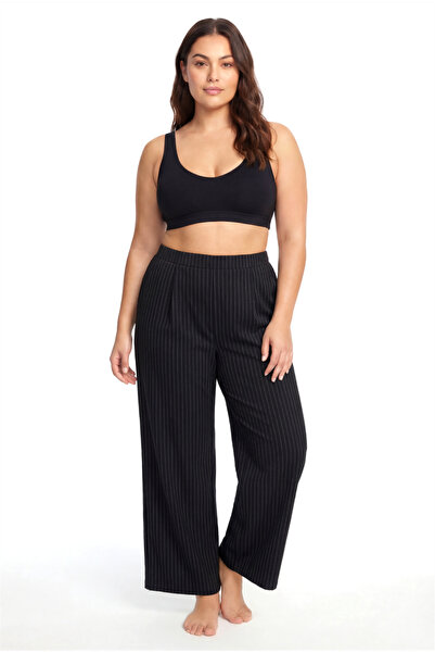 Celira Pantaloni de pijama negri cu dungi subțiri, mărime mare, cu buzunare, ...