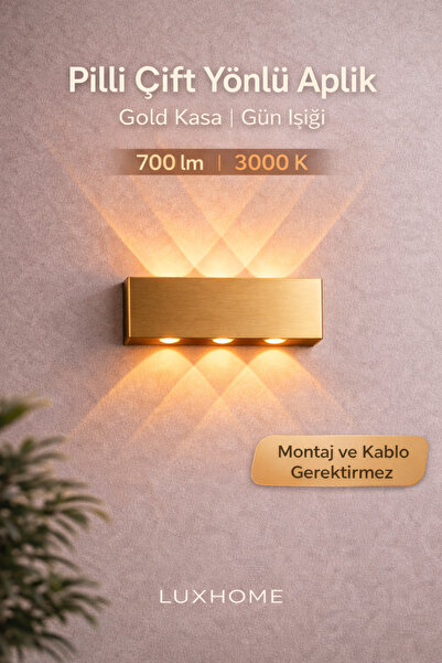 luxshome Lux Mercekli Pilli Çift Yönlü Gold Duvar Aydınlatma Dekorasyon Aplik...