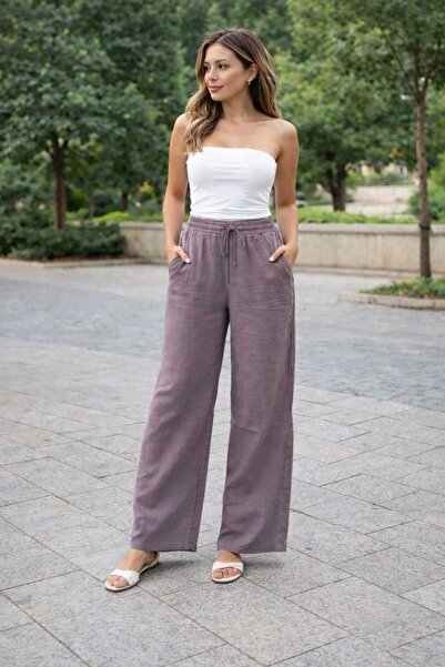 ECK MODA Women's Muslin Fabric Casual Fit Trousers with Elastic Waist and Poc...