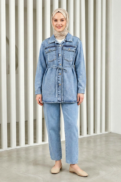 Kirazgym Women's Stoned Buttoned Denim Jacket and Trousers Set - Ice Blue