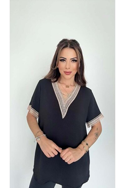 DİDEM GÜLTAKTI Pasha Kadın Siyah Dantel Detaylı T-shirt