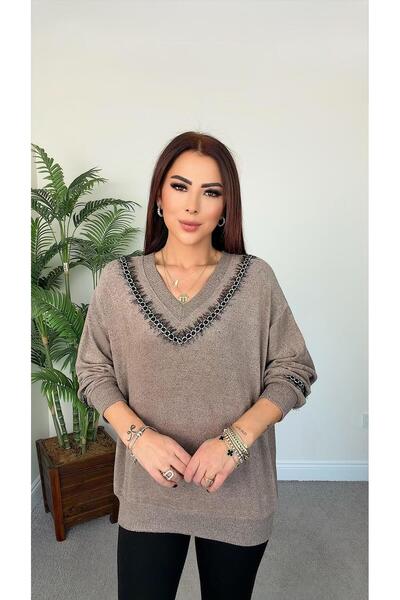 DİDEM GÜLTAKTI Yelin Women's Milk Coffee Soft Blouse with Collar and Sleeve E...