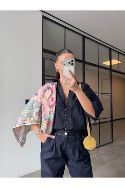 BB Bensu Buyruk Half Sleeve Gold Buttoned Shirt Pants Denim Suit