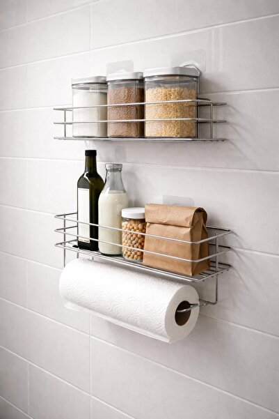 Kitchen Smile Yapışkanlı Banyo Ve Mutfak Rafı 2 li Set Kağıt Havlu Askılı Banyo Duş Mutfak Organizer