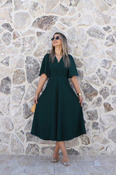 bytugcekaya Emerald Green Long Flared Dress with Flared Sleeves