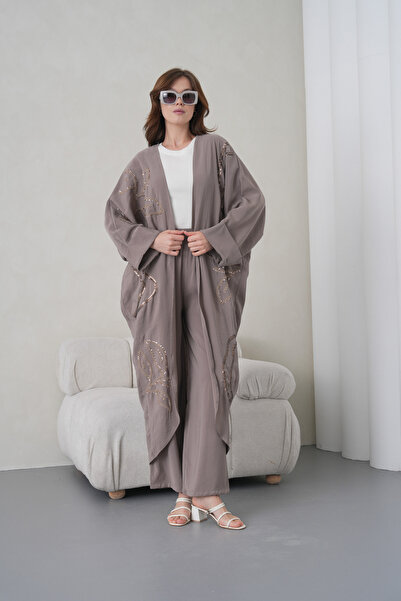 Miss Allos Women's Front Sequin Embroidered Linen Kimono Cardigan and Pants T...