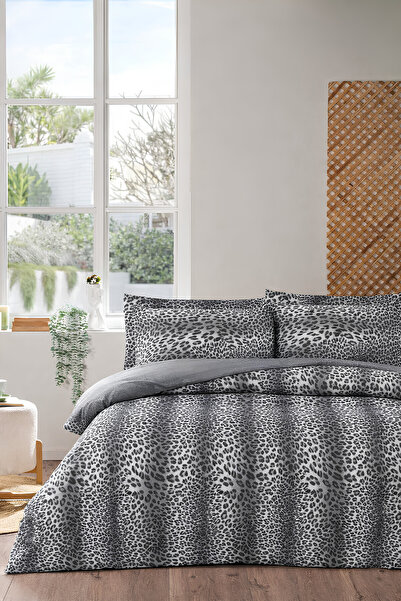 remtex Gray Leopard Patterned Double Duvet Cover Set – Modern Series